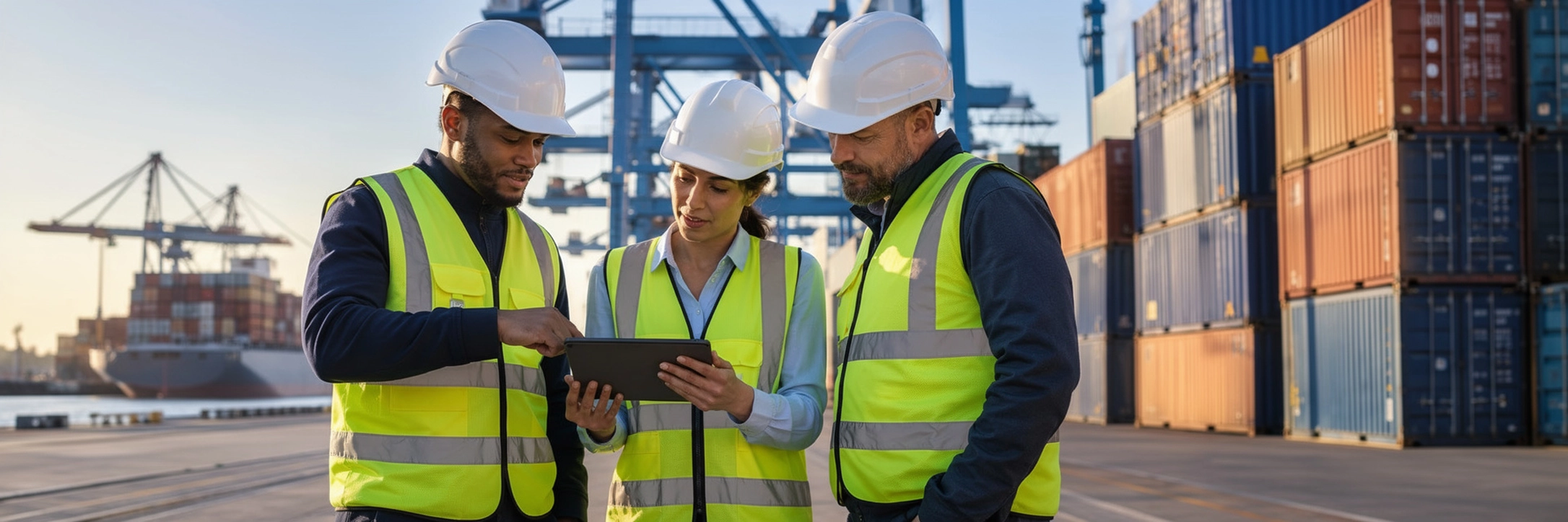 Three port workers in hard hats reviewing a tablet