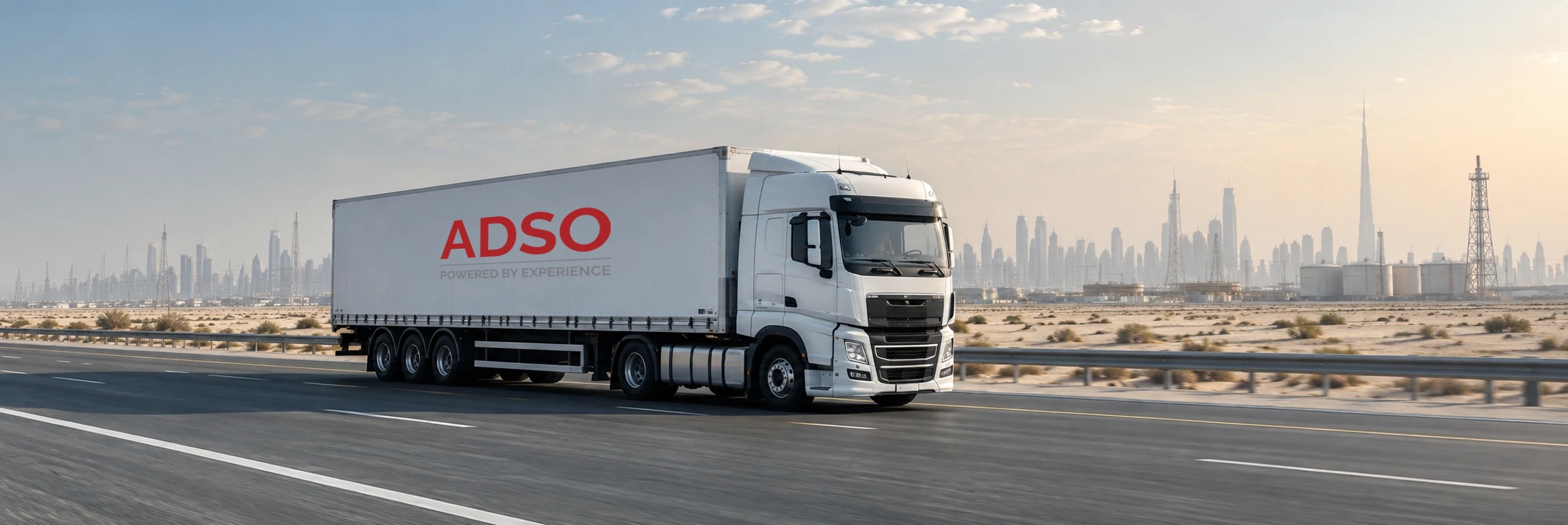 A truck in ADSO livery on the highway, with the Dubai skyline behind