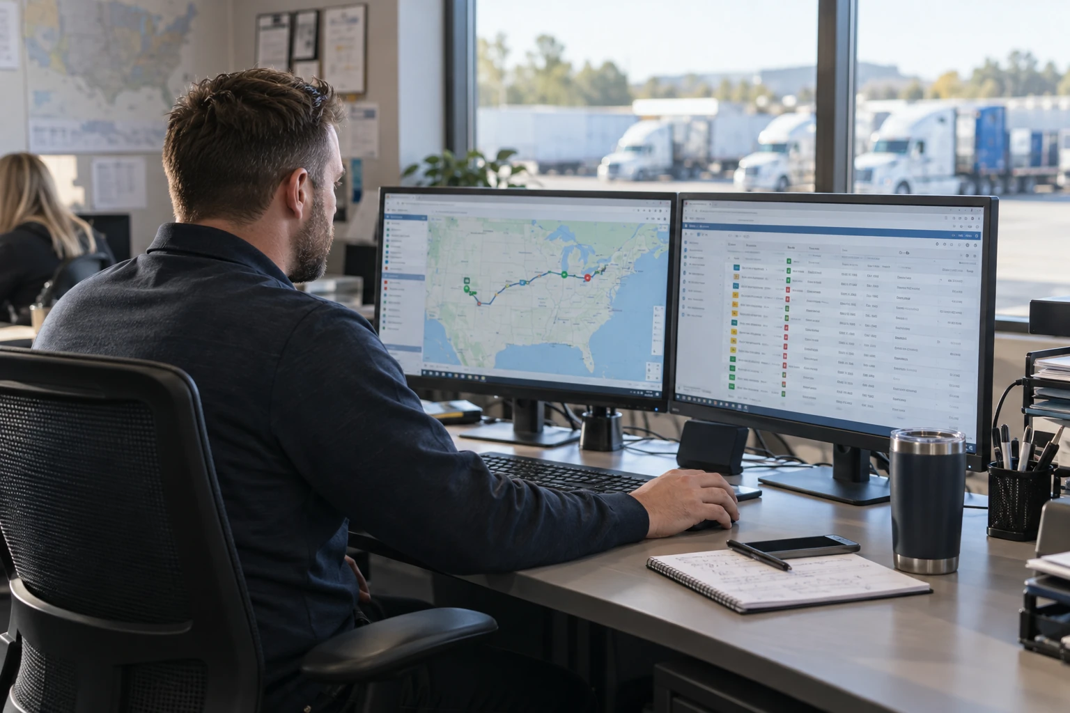 A dispatcher tracking shipments on screen