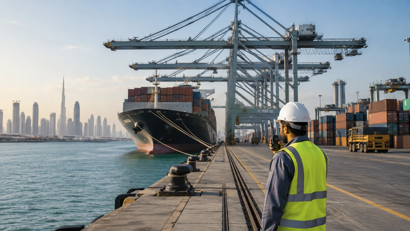 Container cranes and a ship at the port, with the Dubai skyline behind
