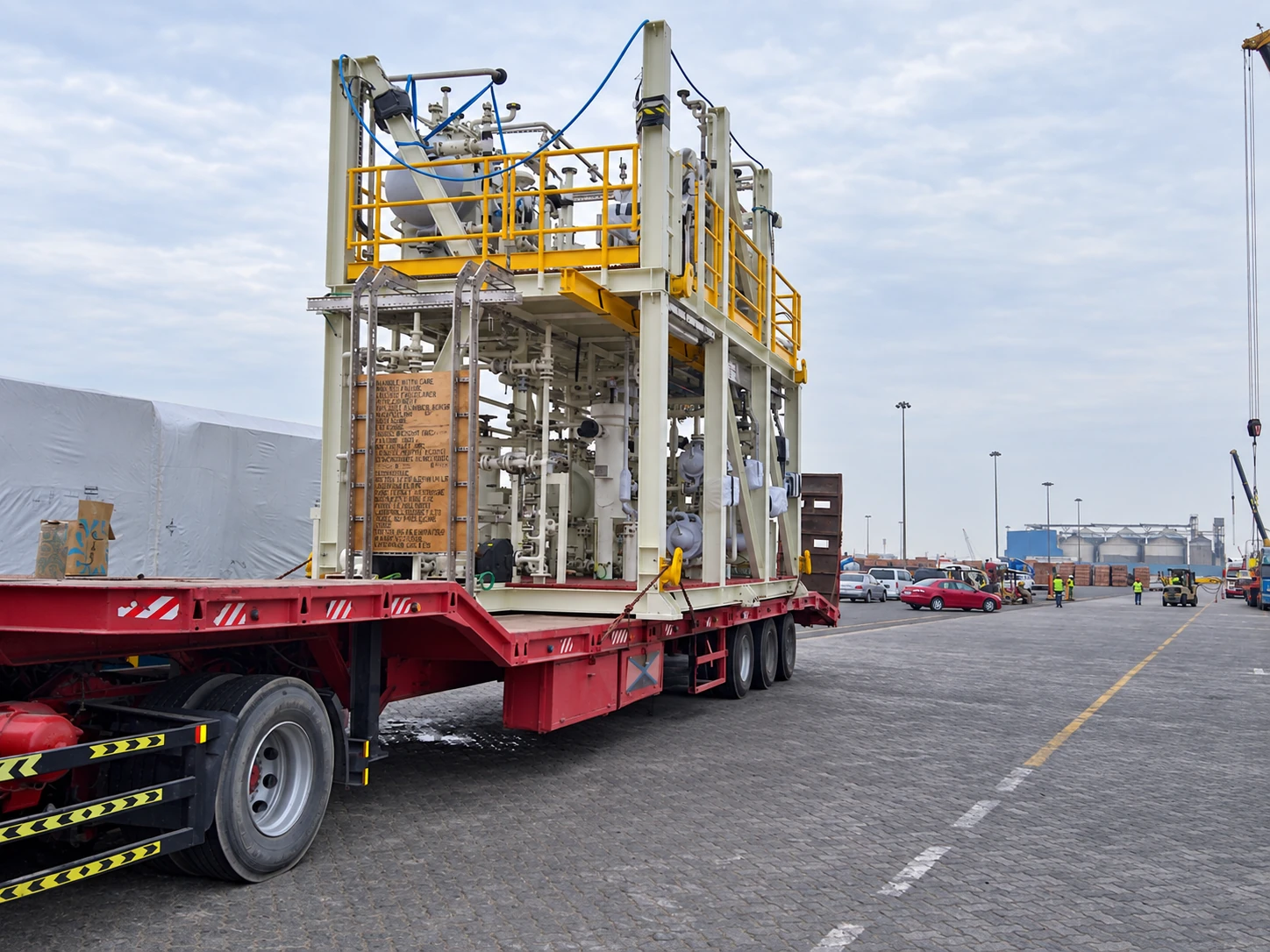 An oil and gas process module on an ADSO flatbed trailer