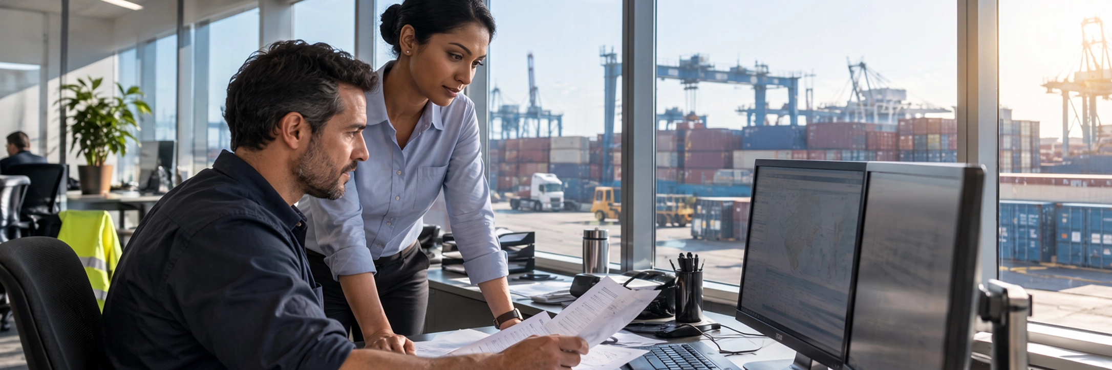 Two colleagues reviewing documents in an office overlooking the port